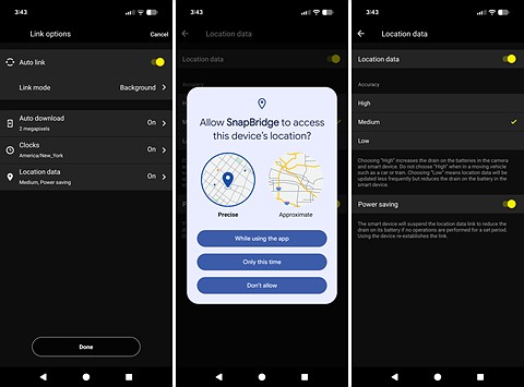 three screenshots of the location sharing settings in the nikon snapbridge app