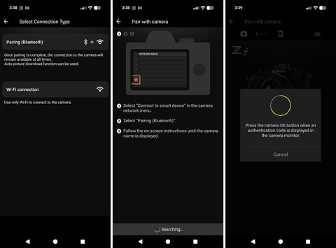 three screenshots of the snapbridge app bluetooth connection pages