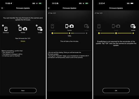 three screenshots of the snapbridge app firmware pages