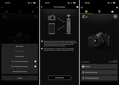 three screenshots of the snapbridge app sta wifi connection pages