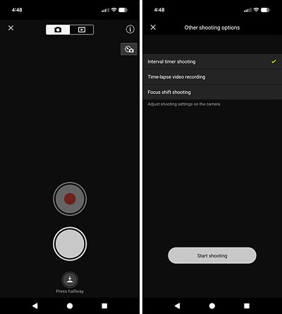 two screenshots of a simple camera remote app and its settings