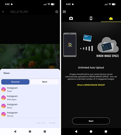 two screenshots of the sharing options in snapbridge