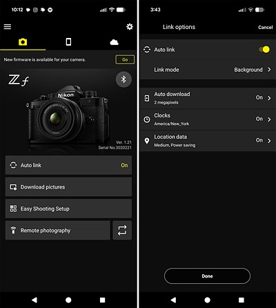 two screenshots of the snapbridge app home and settings pages