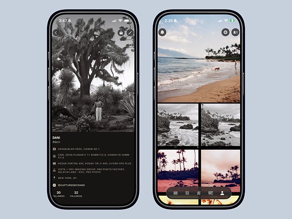 two smartphone renderings with the phaos app and light blue background