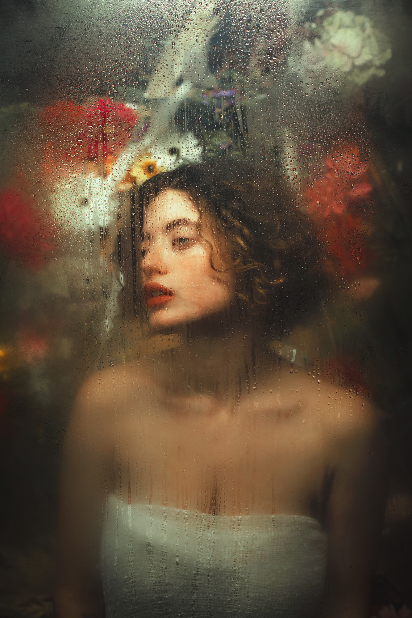 Atmospheric fine art fashion photography featuring a woman seen behind steamy glass and rich floral textures by Micaela Belgiorno.