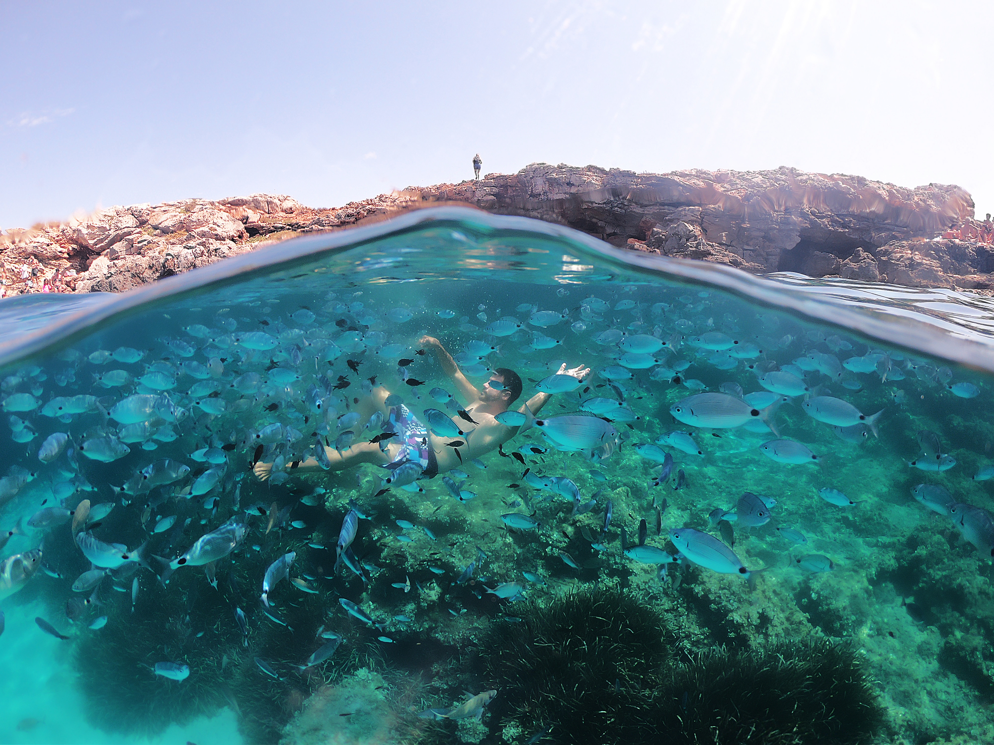 Underwater split shot of a swimmer floating among a school of fish in Menorca Spain, Gonzalo Bendito photography