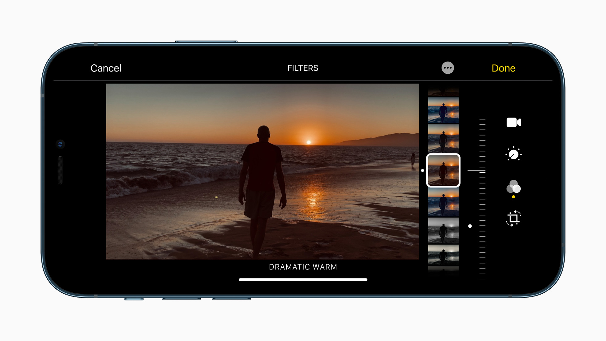 an Apple marketing image of the iPhone 12 Pro showing the camera app on-screen