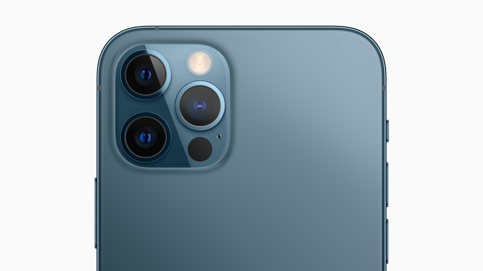 an Apple press image of the back of the iPhone 12 Pro in blue showing the triple camera array