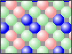 Diagram showing the layout of a the SuperCCD EXR color filter array with the distance between pairs of blue-sampling pixels highlighted